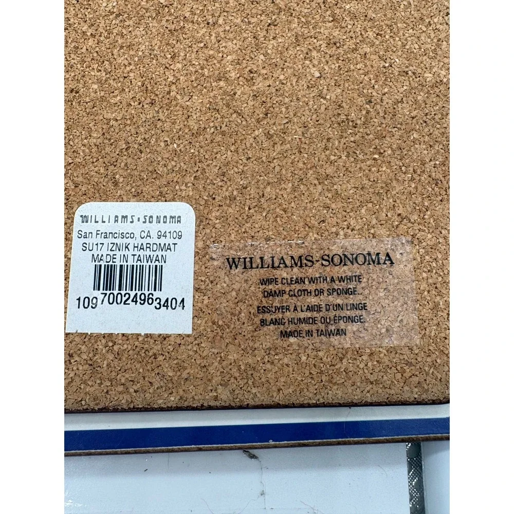 Williams Sonoma Iznik Floral Hardmat Placemats Blue Red Yellow Cork Back Set 2